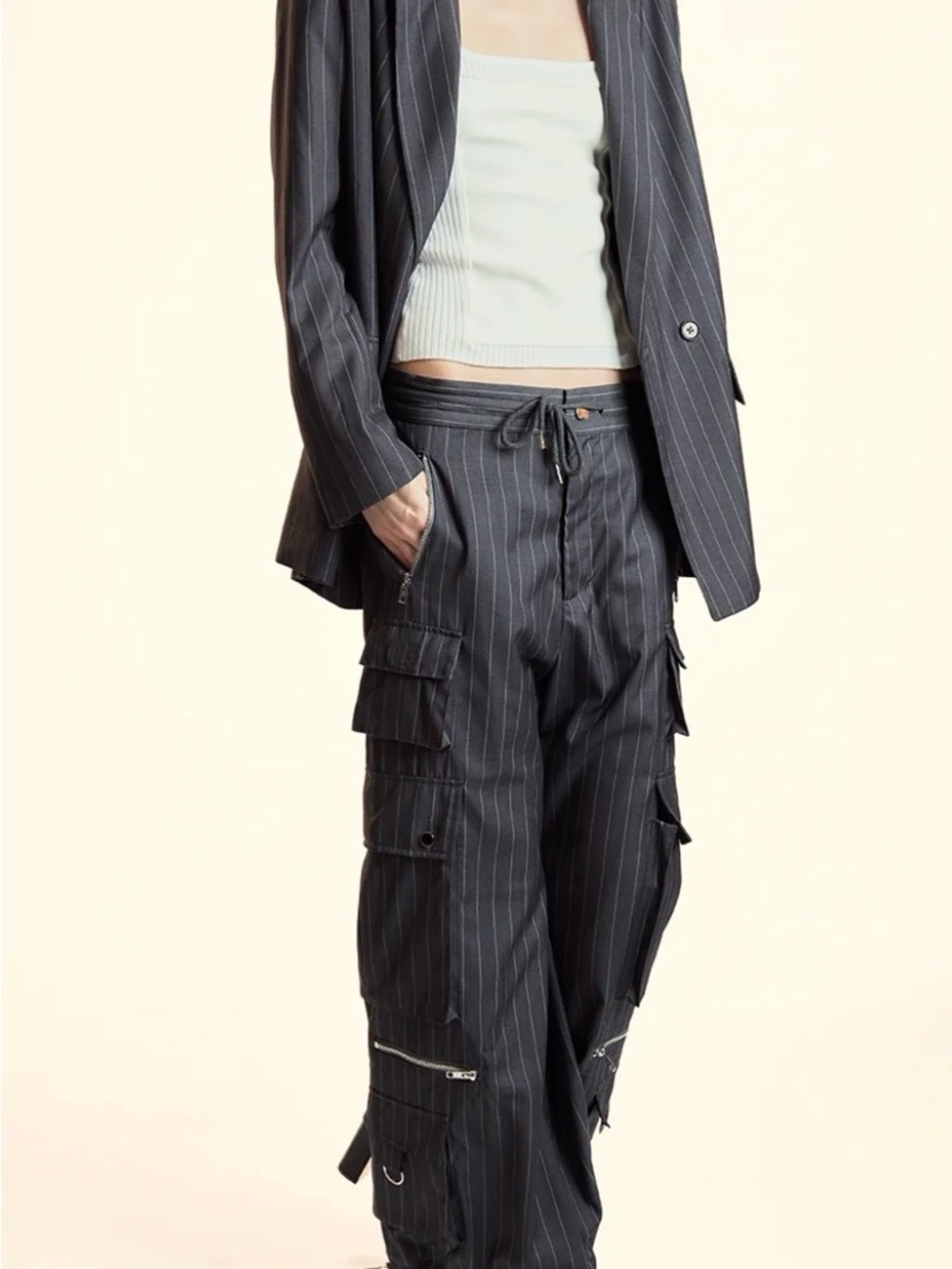 Cynthia Rowley Black Pinstripe Wide-Leg Cargo Pants